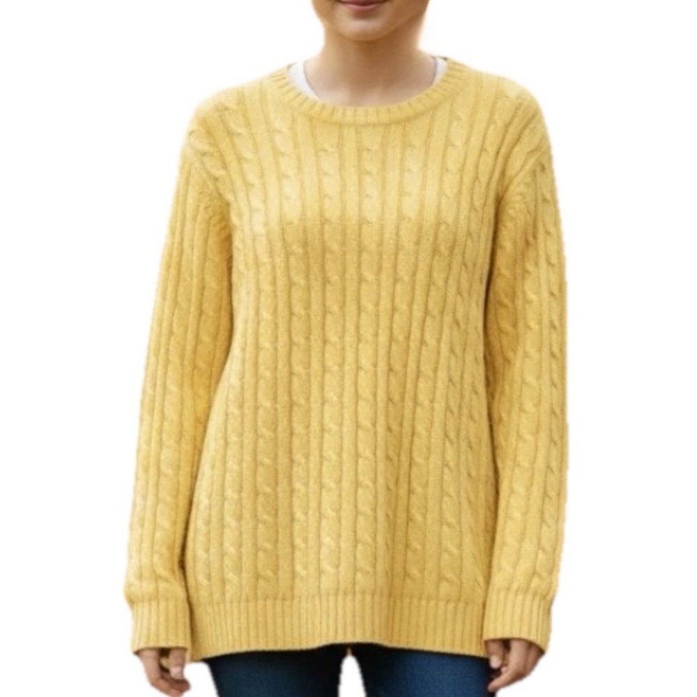 LL Bean Yellow Pullover Cable Knit Crew Neck Long Sleeve Cotton‎ Sweater LARGE